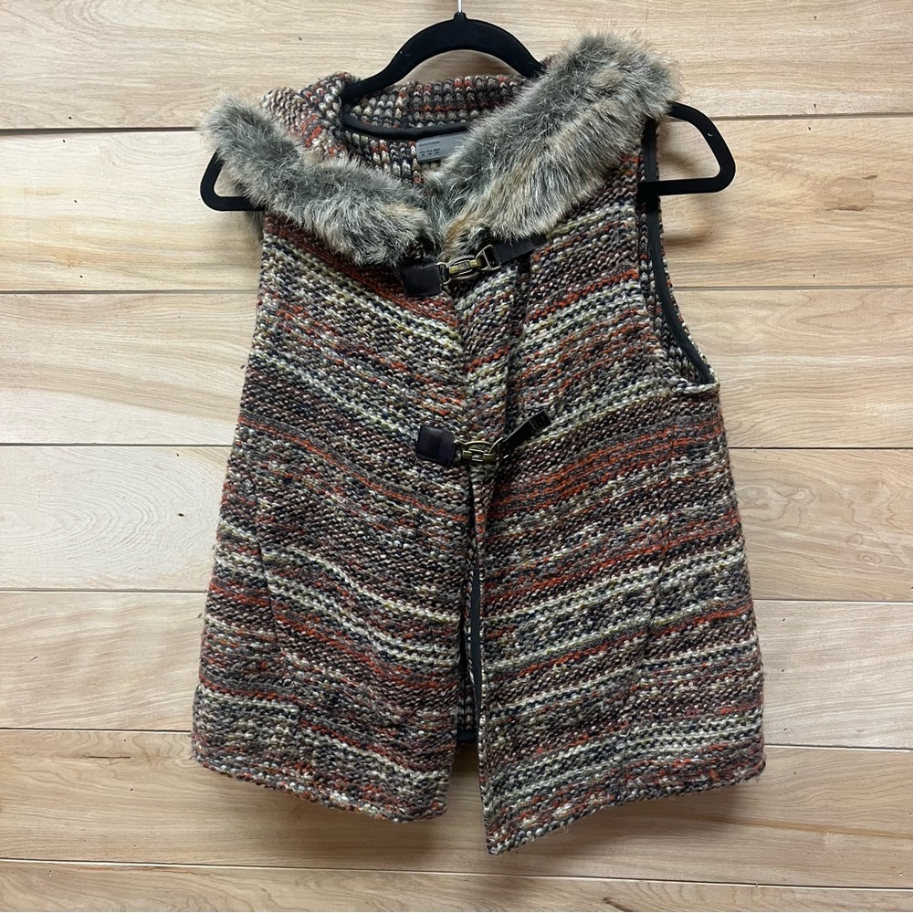 Zara rare tweed knit metal clasp fur trim hood Coachella festival vest